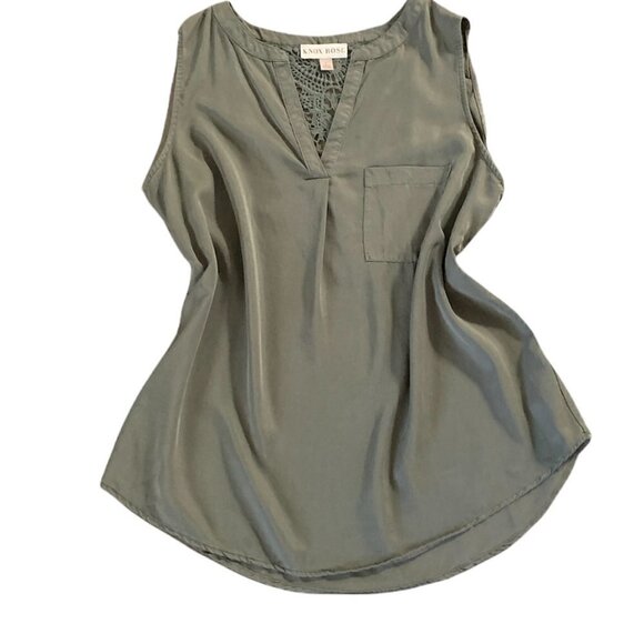 KNOX ROSE Boho Sleeveless Blouse Sz L Crochet Back V Neck Green 200E - Picture 1 of 6